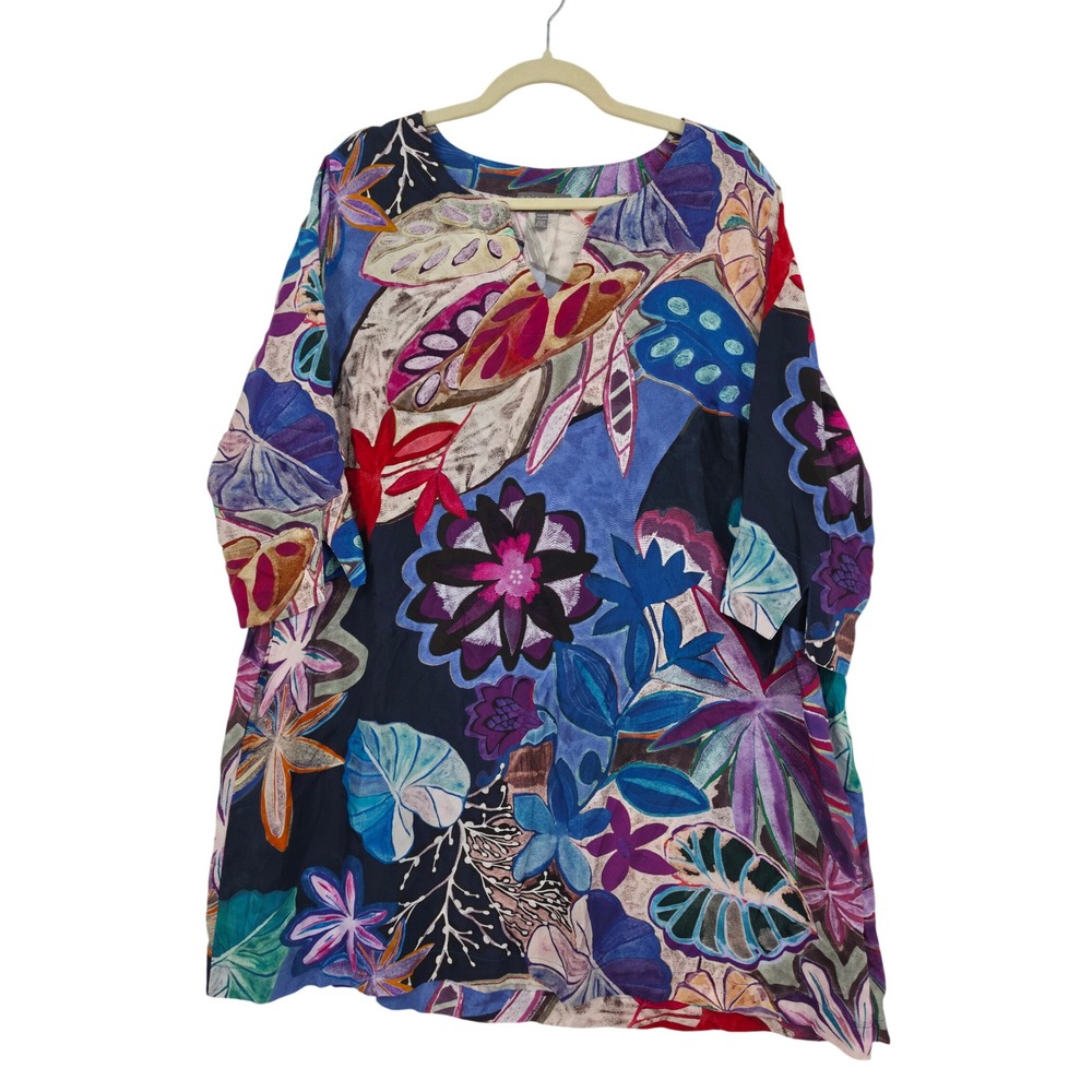 Ulla Popken Selection Floral Cupro Tunic Top Blue Purple 16/18 Colorful Artsy